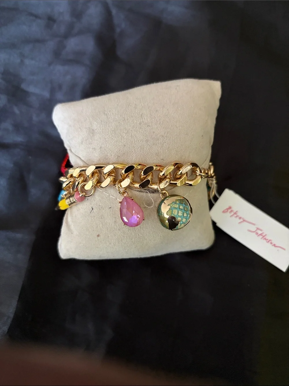 Betsey Johnson Gold Chain Charm Bracelet with Pink, Blue, Yellow & Red Accents